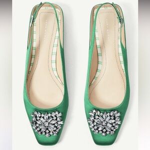 Zara green satin flat slingbacks